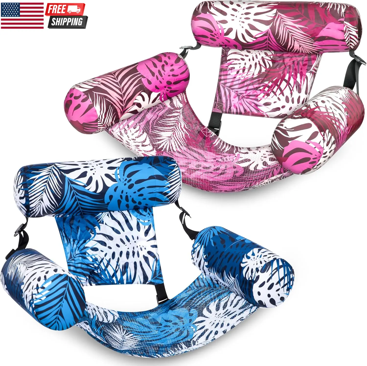 GMOX 2-Pack Inflatable Pool Float Chair - 30"x16"x24" Portable Recliner Lounger with Headrest, Armrests, Tropical Print, Mesh Sling, Stability, Beach Bag-Compatible for Pool Use