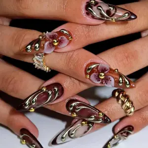 Gothic Plum Blossom 3D Press On Nails, Baroque Metallic Accents, Luxurious Handmade Nail Art, High Fashion Glam Nails, Gold nails