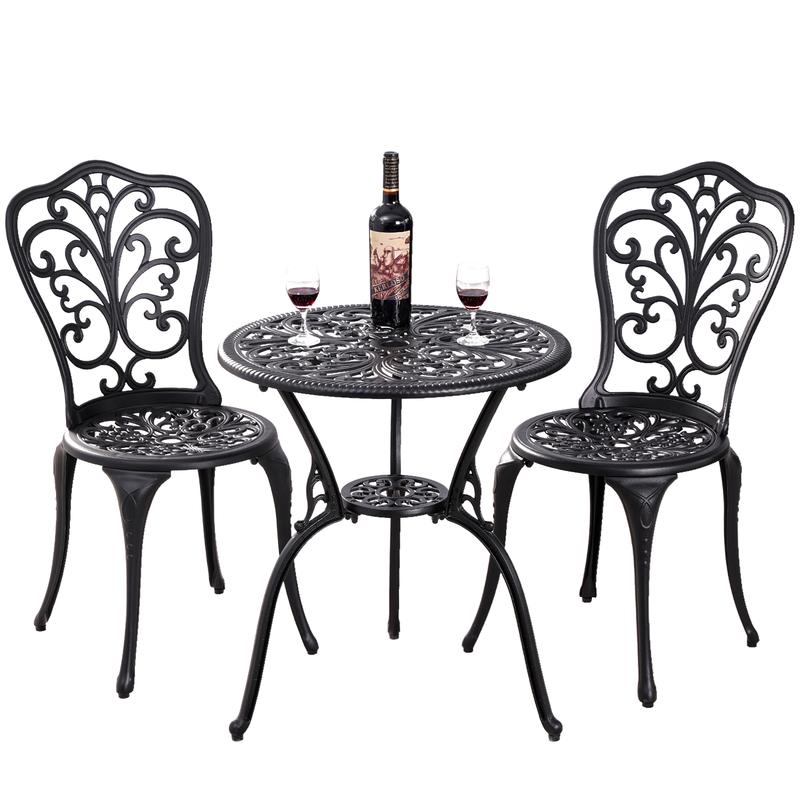 Withniture Cast Aluminum Patio Bistro Set 3 Piece Bistro Table and Chairs with Umbrella Hole for Garden Porch