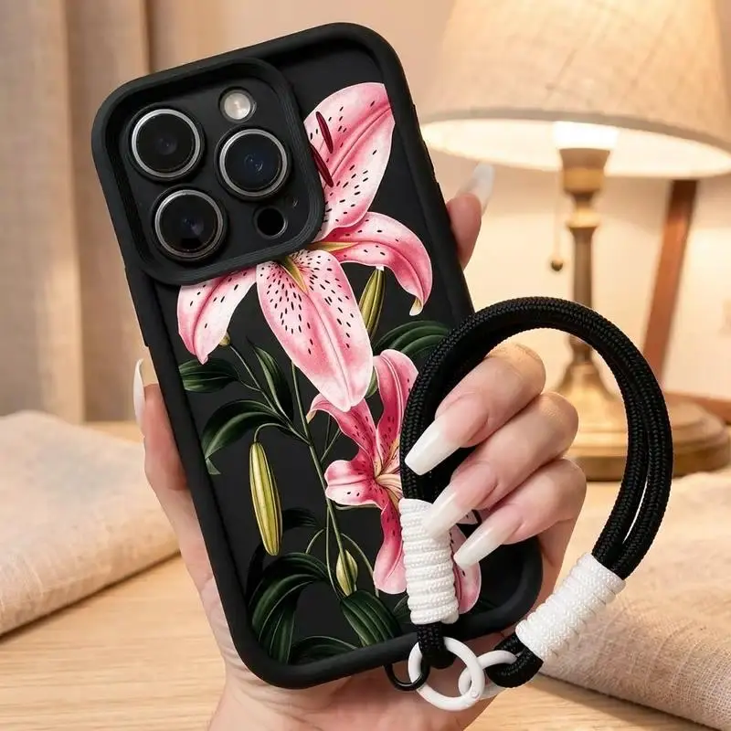Vintage Flower Soft Silicone Smartphone Case with Wrist Strap - Shockproof, Drop-Protective Rugged TPU Casing with Raised Lips for iPhone 17,16,15,14 Pro Max,13,12,11,XS Plus | Cellphone Protection Accessories