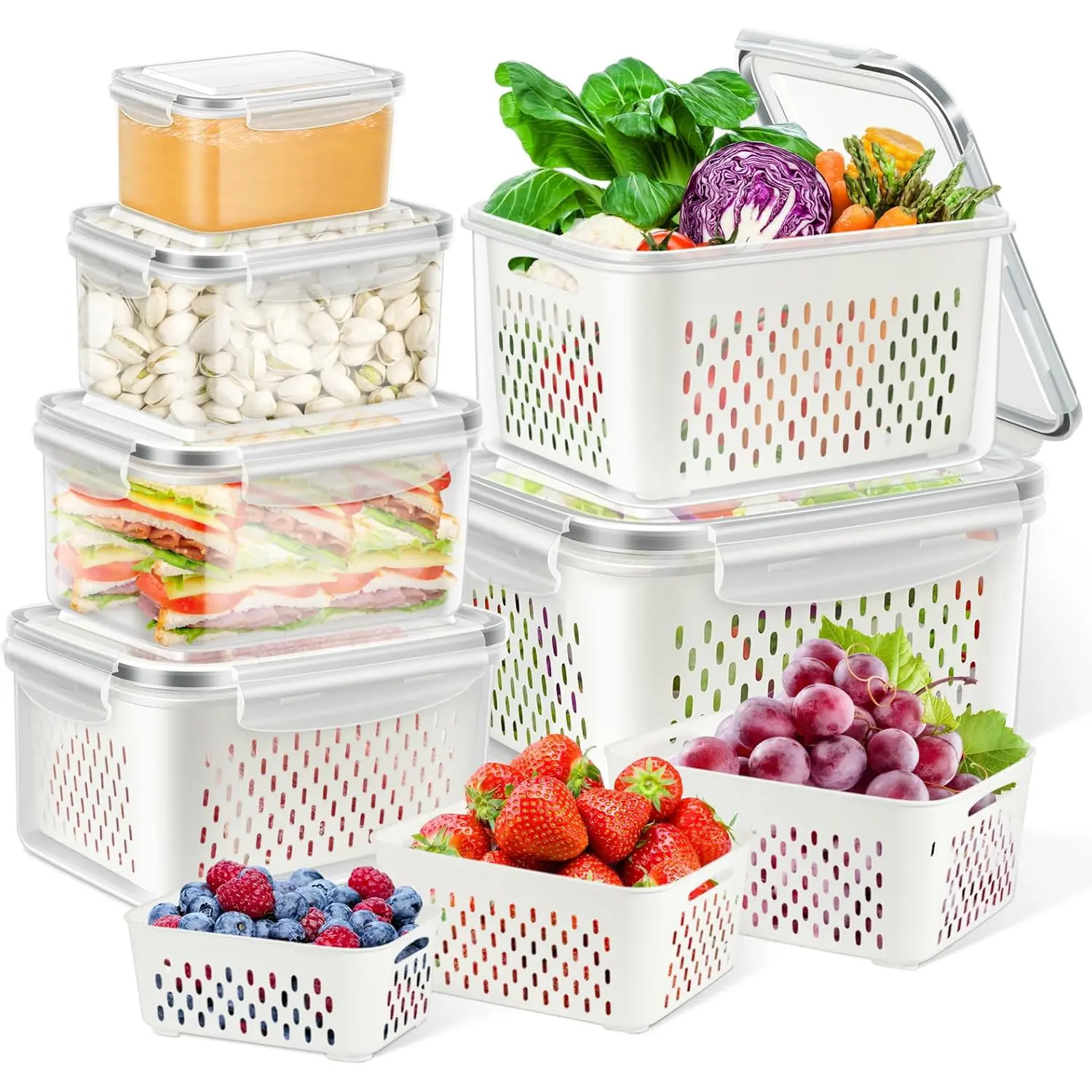 6-Pack Fridge Produce Storage Containers All-In-One Fruit Washing Bowl with Strainer Leakproof Design for Fresh Produce Versatile Storage for Salads Berries Vegetables and Meat Organize Freshness Effortlessly