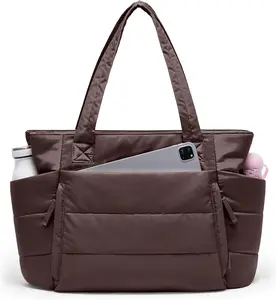 Tote Bag for Women with Zipper, Quilted Puffer Tote Bag with Compartments, Lightweight Puffy Work Bags for Women Travel
