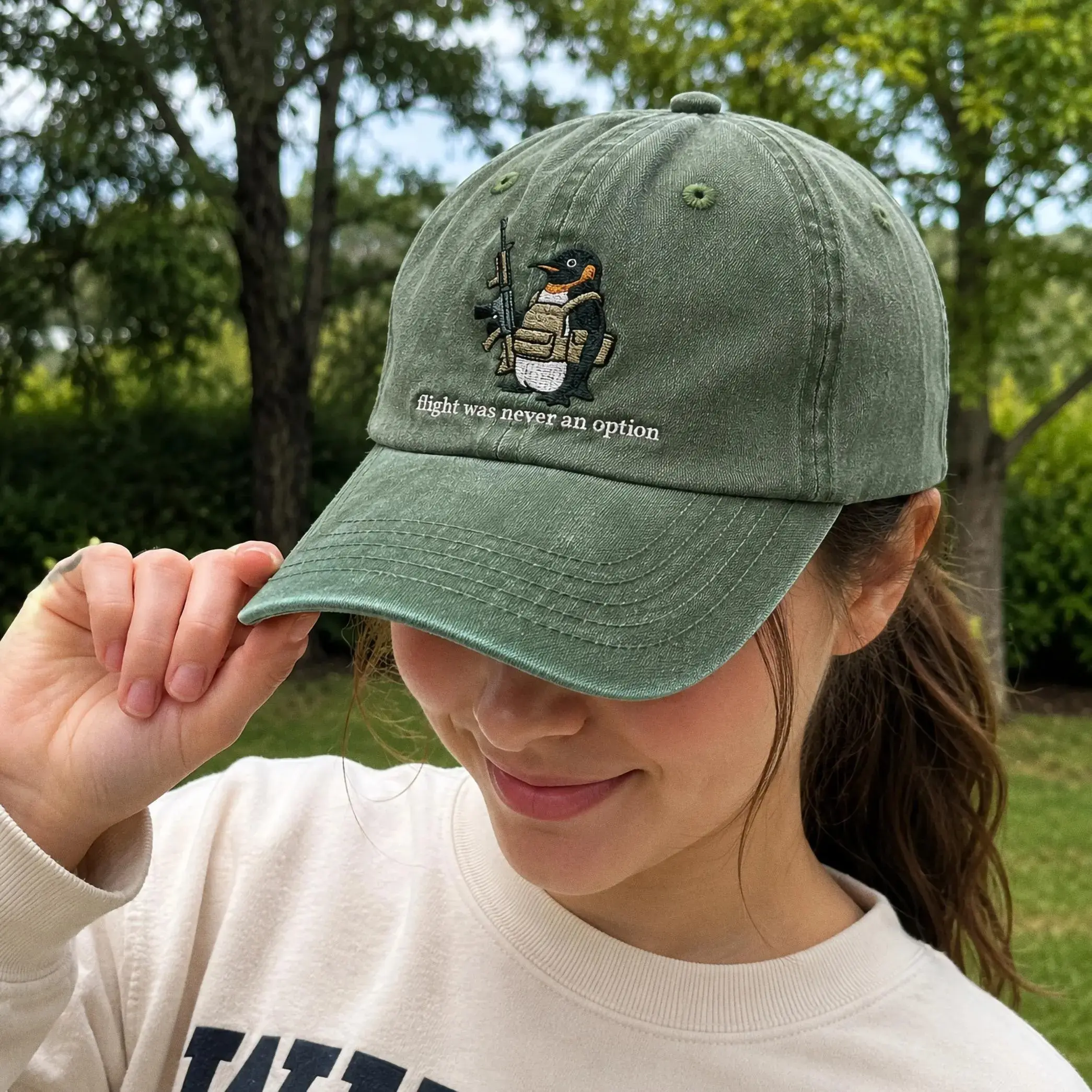 Embroidered Tactical Penguin Dad Hat - Vintage Wash, "Flight Was Never An Option" Funny Meme Design, Sarcastic Gift For Men