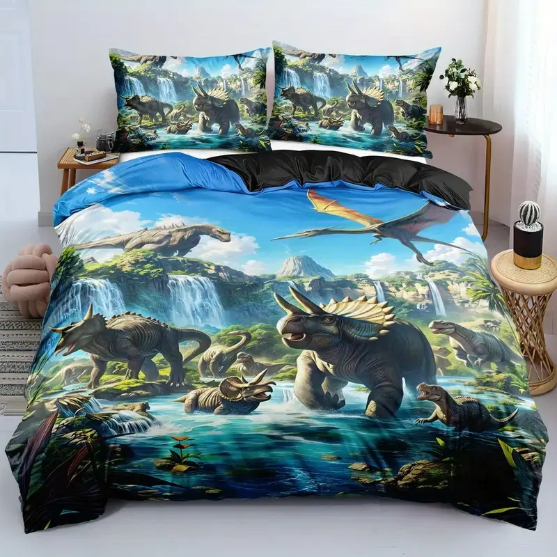 3pcs Dinosaur World Pattern Theme Bedding Set, Soft Polyester Fitted Sheet & Pillowcases, Modern Style, Digital Print, Decorative Bedding Set
