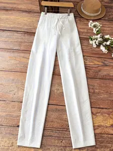 A pair of women's white drawstring high-waisted wide-leg casual trousers, Pants, light and fresh daily loose trousers, suitable for spring and summer going out, light social afternoon tea, leisure and vacation, home and outdoor wear