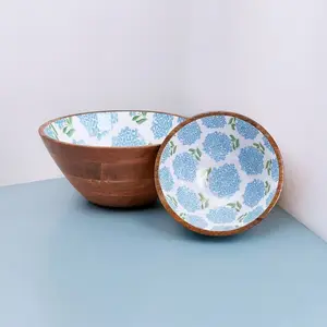 Blue Hydrangea Hand-Crafted Wooden Bowl