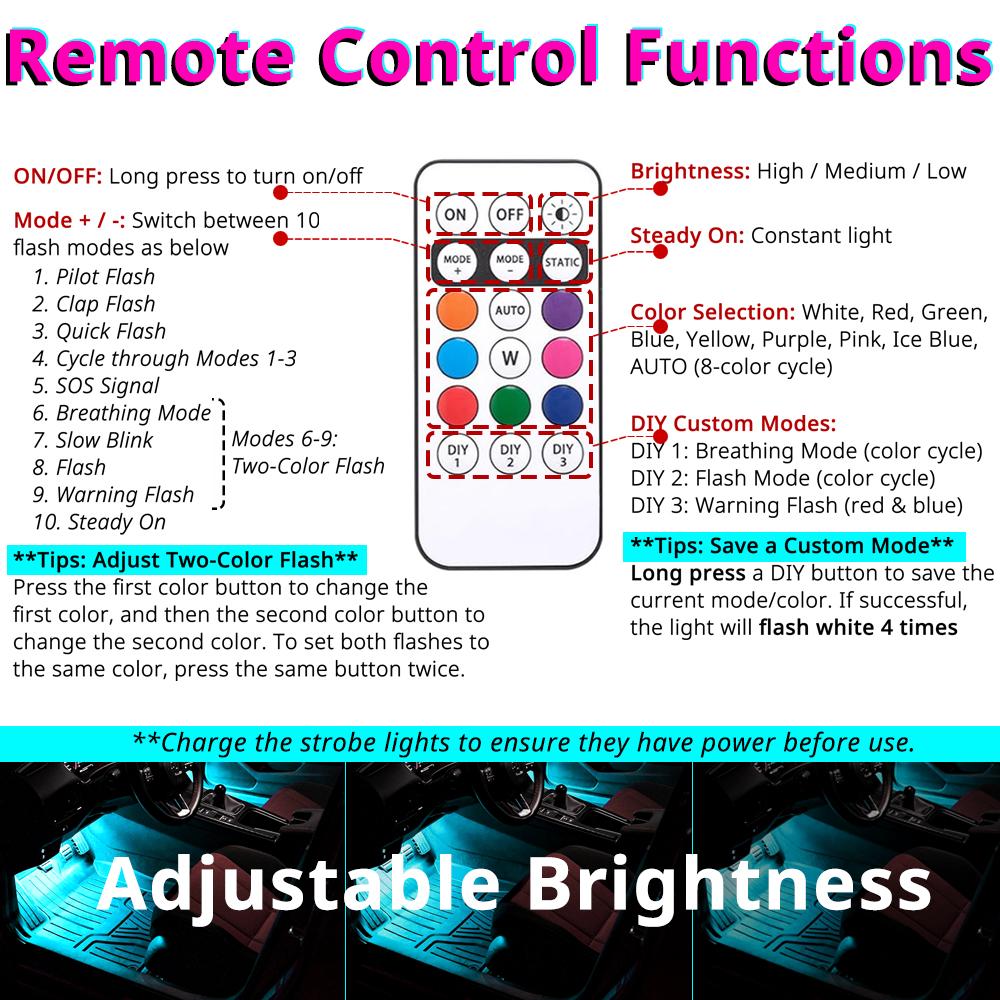 RGB Underglow Light Kit for Car Truck SUV, 10 Mode Wireless LED Atmosphere Lights, Interior Exterior Ambient Lighting Accessories DIY Waterproof Decorative Work Light, Rock Light Style Accent Kit Enhances Vehicle Aesthetic, USB rechargeable Remote Control