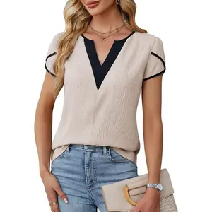 Women's Color Block V-Neck Petal Short Sleeve Business Casual Blouse