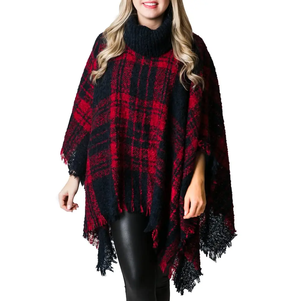 Fashion Culture Women's Rory Oversized Plaid Poncho, Casual Turtle Neck Knit Sweater with Fringe Hem, Winter Top, Red Navy, One Piece, Clothes