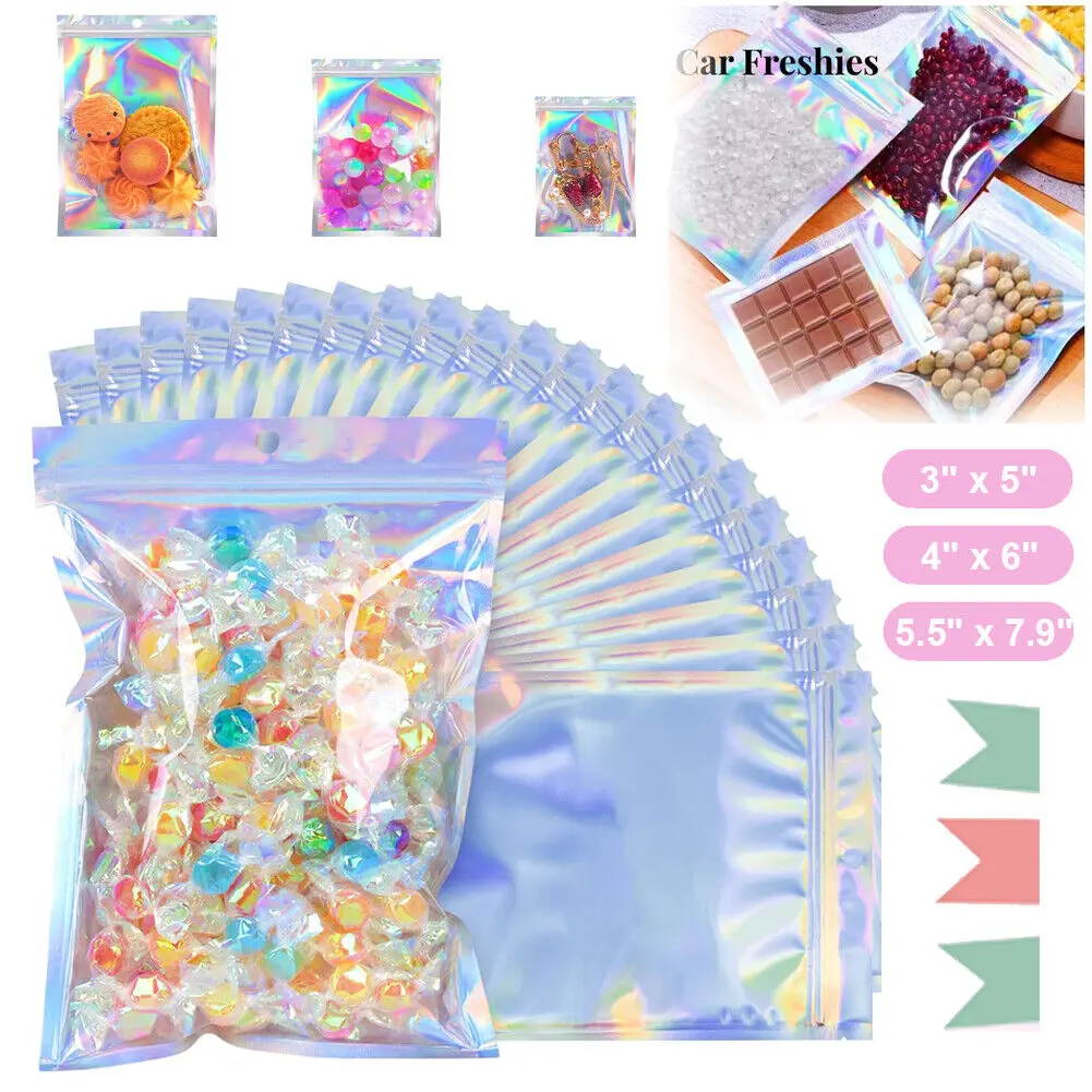 SJPACK 100PCS Holographic Aluminium Mylar Foil Bags - Smell Proof, Water Proof, Resealable Zip Seal Storage Pouches for Candy, Food - Home Organizer, Candy Bag