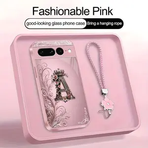 Crown Floral Art 26 letter Phone Case, Suitable for [Google Pixel 7 Pro] high-end women's, Lanyard a beautiful four-leaf clover lanyard is included🍀 952