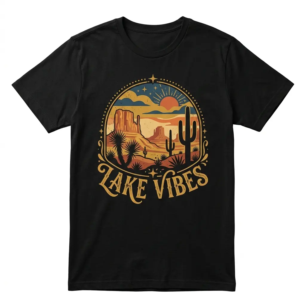 Desert Cactus Sun Landscape Graphic T-Shirt, Pure Cotton Regular Fit Textured Knit Short Sleeve Tee, Casual Summer Streetwear Top For Men & Women