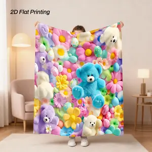 2D Puffy Teddy Bear & Easter Eggs Colorful Flowers Print Flannel Blanket - Soft Cozy Plush Fuzzy Throw, Ideal Easter Basket Stuffer Gift for Kids, Perfect for Nursery Bedroom Sofa Home Decor