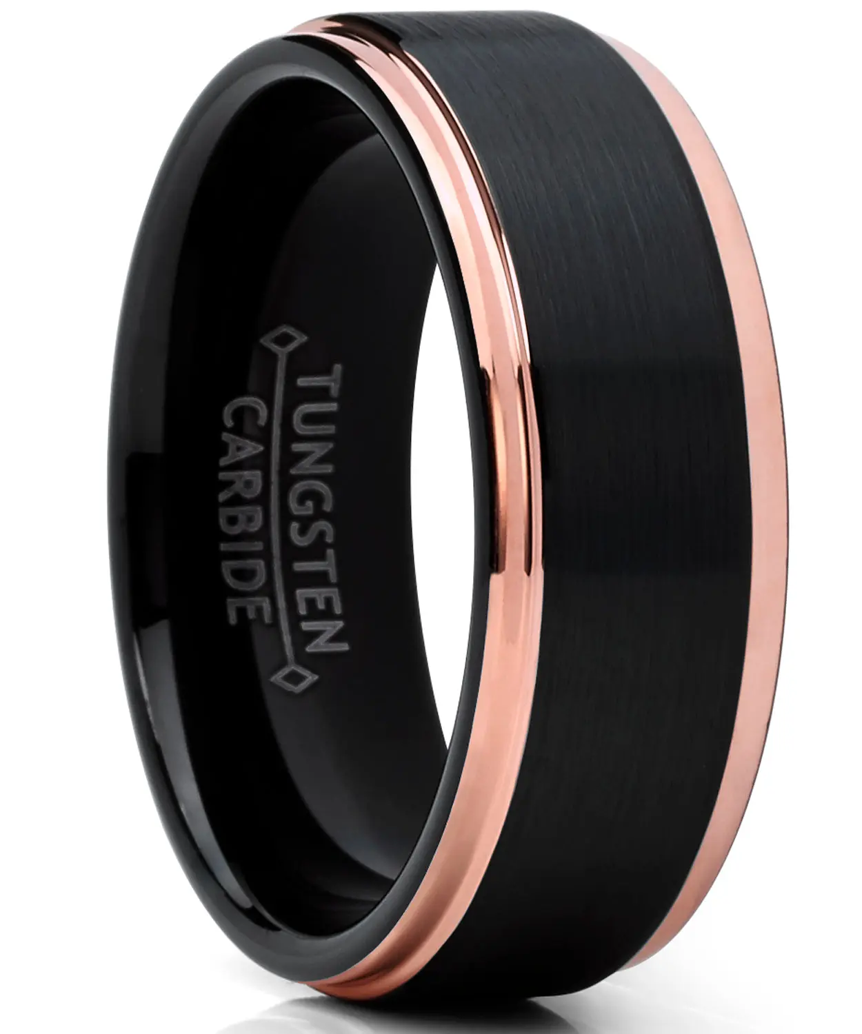 Men's 8mm Tungsten Carbide Black-Rose Tone Brushed Raised Center Ring - Tungsten Rings, Beveled Edges, Hypoallergenic Comfort Fit Jewelry for Wedding & Engagement