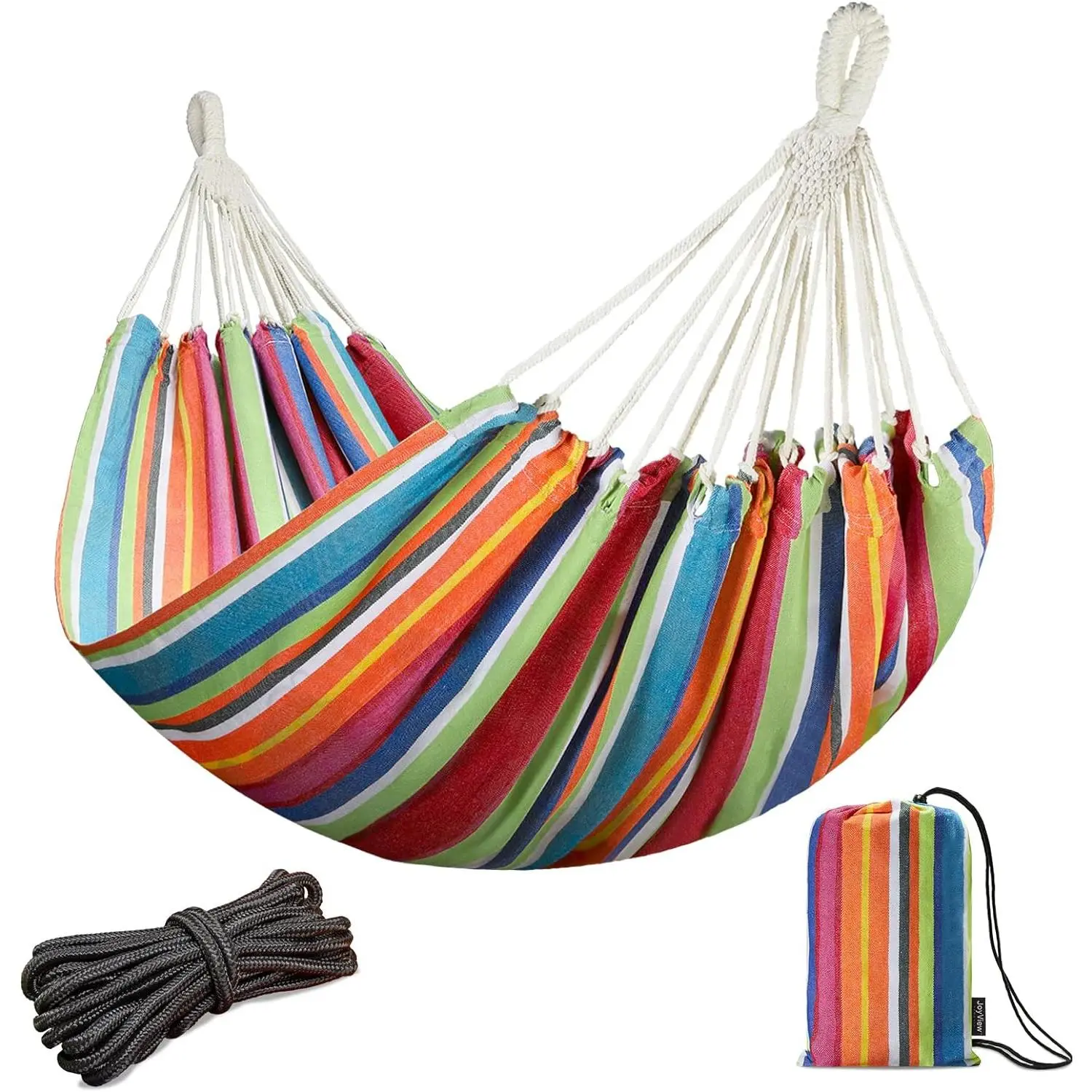 Brazilian Double Hammock with Hanging Ropes Extra Large 86.6x59" Portable Cotton Hammock for Patio Backyard Porch 450LBS Weight Capacity Perfect for Outdoor/Indoor - Color Stripes Swing