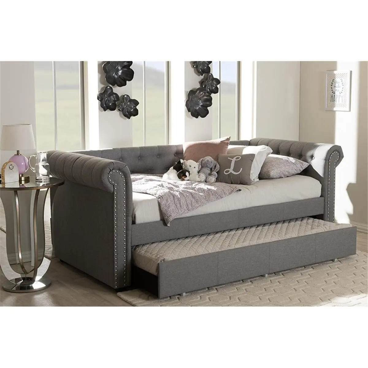212 MAIN Mabelle Twin-Size Button-Tufted Modern Contemporary Gray Fabric Trundle Daybed with Nail Heads Trimming - Fabric Sleeper Sofa, Guest Trundle Bed, Upholstered Indoor Furniture for Kid Room, 37.2x43.5x95.28in