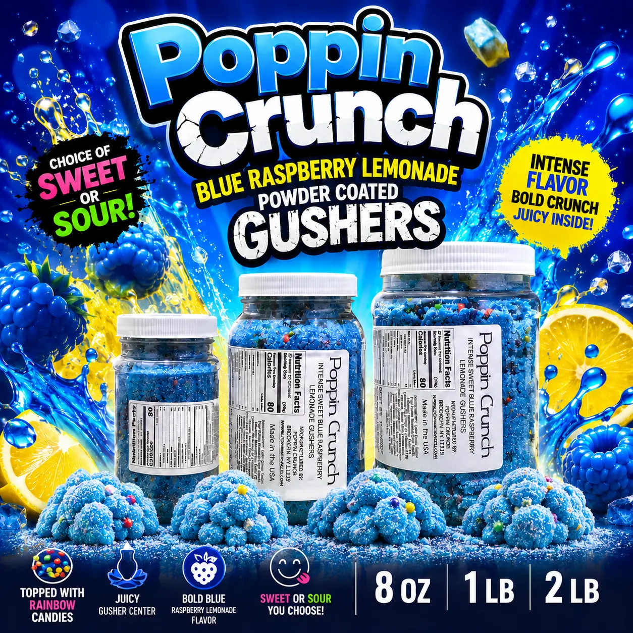 Poppin Crunch Intense Blue Raspberry Lemonade Gushers - Choice of Sweet or Sour Poppin Crunch Intense Blue Raspberry Lemonade Gushers - Choice of Sweet or Sour