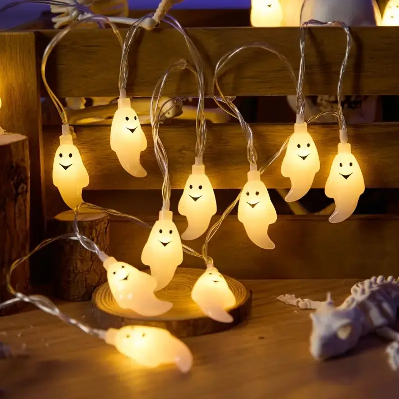Large Halloween Ghost String Lights, Battery Powered Hanging Lanterns, Colorful Spooky Decor for Bedroom, Day of the Dead, Fall Holidays, Whimsical Ghost Design, Novelty Lighting
