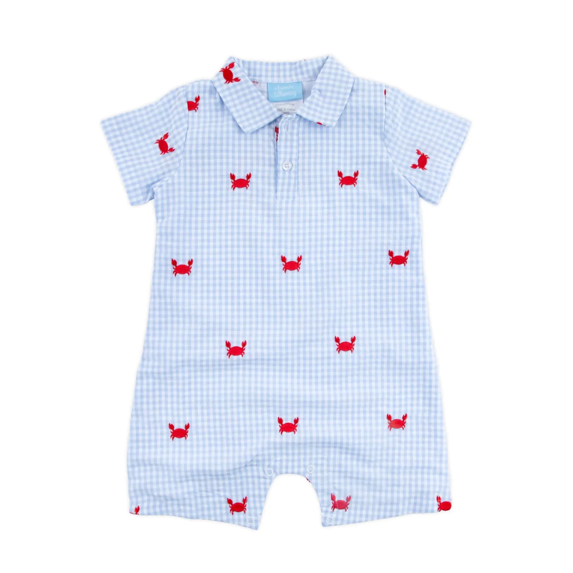 Crab Schiffli Blue Gingham Polo Romper - Boys Embroidered 1Pc Outfit