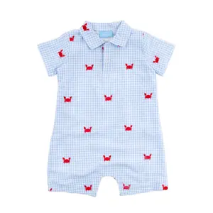 Crab Schiffli Blue Gingham Polo Romper - Boys Embroidered 1Pc Outfit