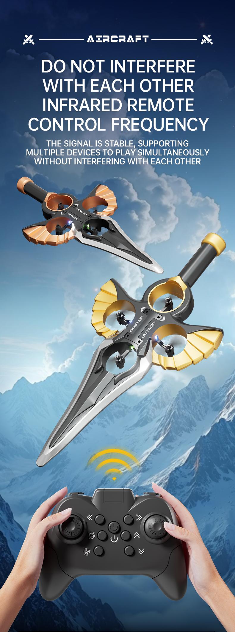 Flying Sword Drone Children's Toy- 2.4GRemote Control Foam Model AirplaneSwordhilt Design with One-Button Rotation &Barometric Lift Christmas