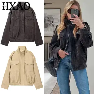 HXAO 2025 Oversized Suede Jacket Autumn Women's Bomber Jacket Fashion Khaki Grey Jacket New In Coats Chic Long Sleeve Outerwears
