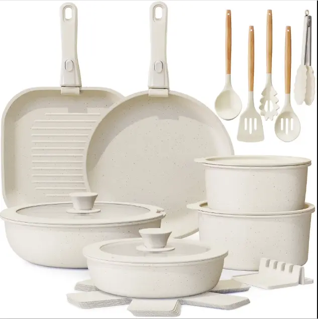 22 Piece Pots and Pans Set Non Stick, Cookware Set with Detachable Handles, Oven Safe, Induction Ready, Stackable RV Kitchen Cooking Set, Cream White