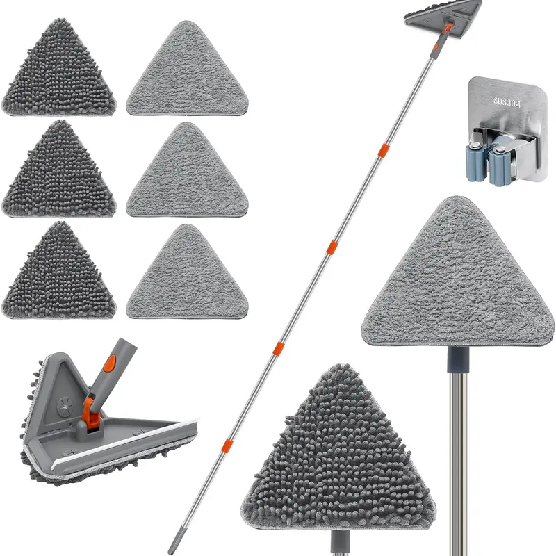 82-in Adjustable Telescopic Ceiling Cleaning Mop Set - 3-in-1 Design, Stainless Steel Long Handle, 360° Flex Rotatable Head, Silicone Squeegee, 6 Synthetic Microfiber Chenille Pads, 90° Baseboard Fit, Hangable Wet Mop for Home Multi-Surface Cleaning