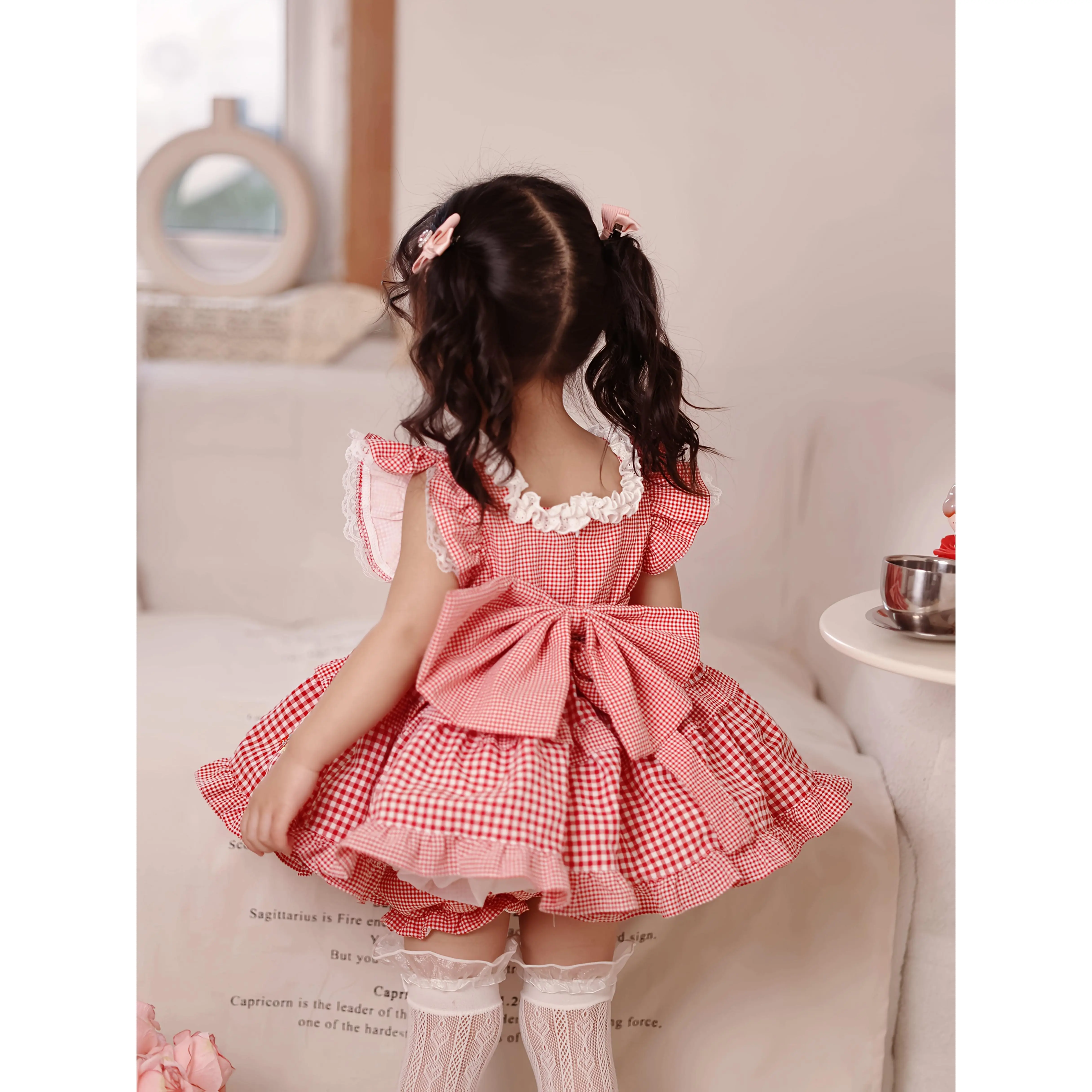 Girls' Retro Cherry Print Short Dresses - Loose-Fit Summer Party Ready Dress with Bow Waist Accessory, Elastic Sock-Style Leg Warmers, Non-Stretch Fabric, Easy Care for Theme Parties & Daily Play (No Petticoat Needed)