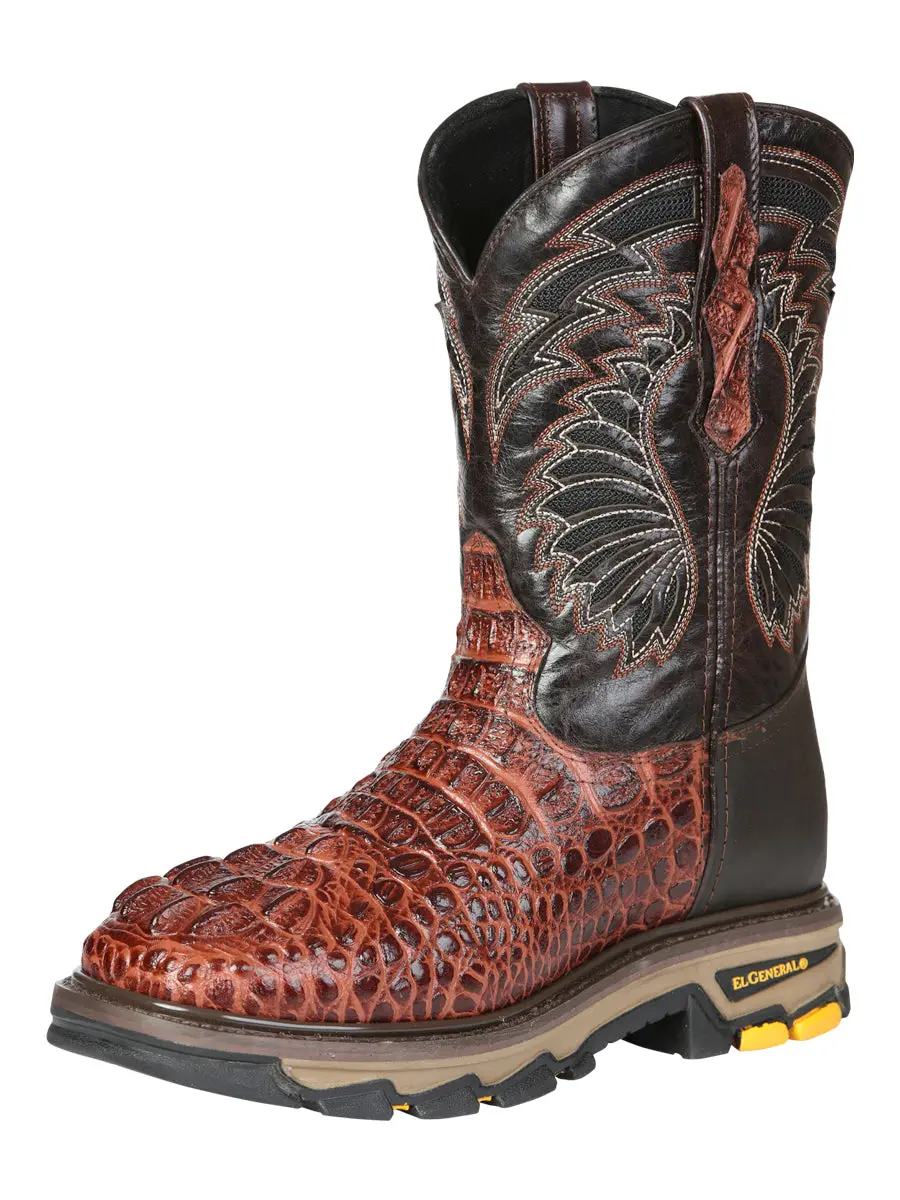 El General Men's Leather Work Boots - Made In Mexico - Embossed Caiman Print - Cognac 45815