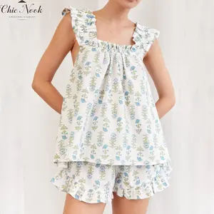 Women Floral Print Summer Set Square Neck Flutter Sleeve Loose Tank Tops Ruffled Shorts 2-Piece Outfits
