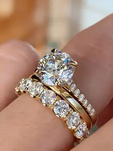 Women's Artificial Zircon Ring Set, Elegant Engagement Wedding Rings, Sparkling Stacking Design, Party Bridal Accessories