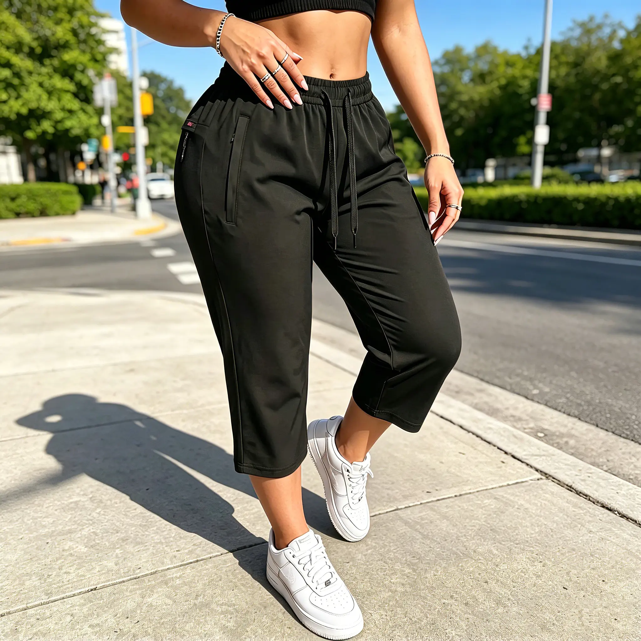 black summer High-Stretch Ice Silk Capri Pants for Women Quick-Dry Lightweight 7/8 Jogger Pants with 3 Zipper Pockets, Elastic Waist Athletic Casual Trousers for Running, Gym & Everyday Wear Womenswear Athleisure Style Bottoms