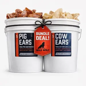Wild Wolf Bully Sticks Pig and Cow Ear Bucket Bundle - 100% Natural Dog Chew Treats, High Protein Snacks, Healthy Dog Snacks