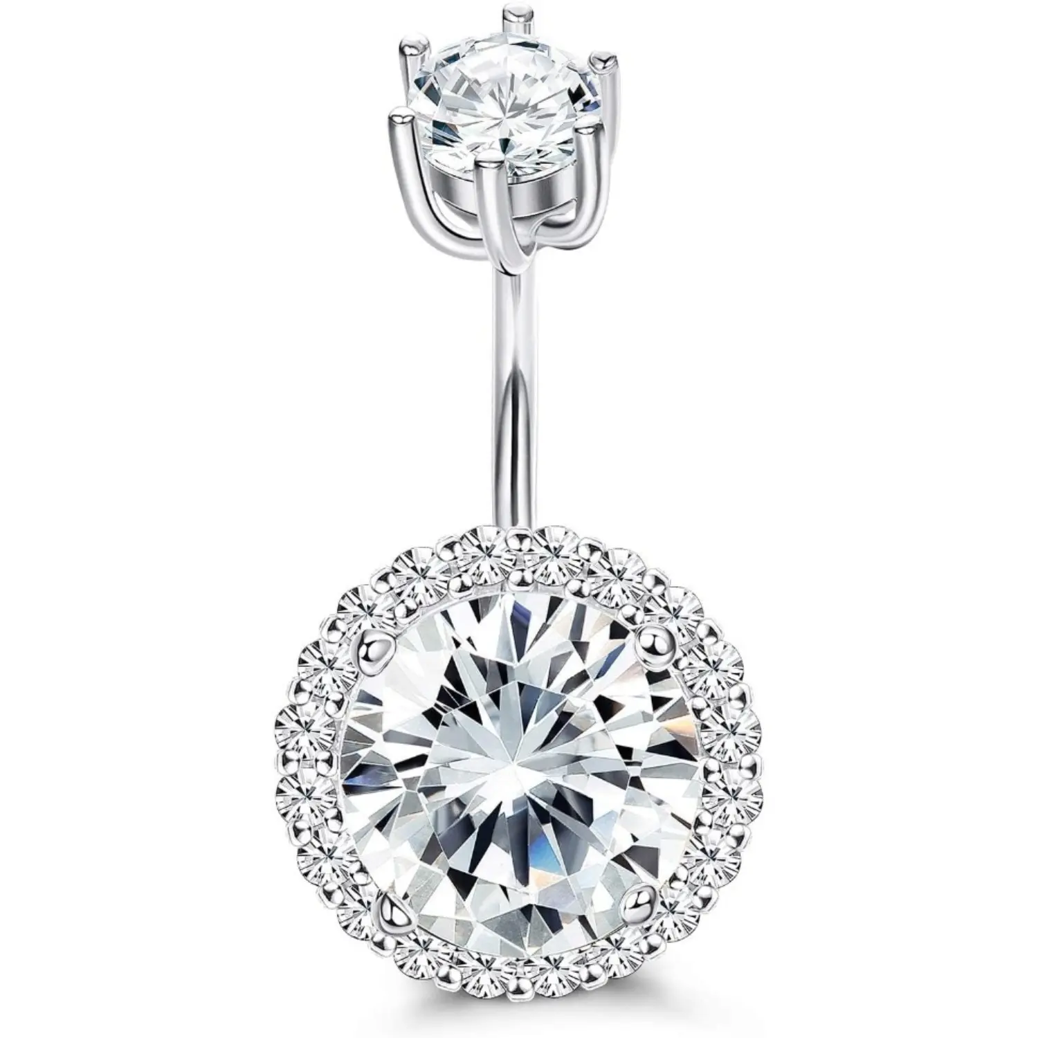 MILACOLATO 14G 925 Sterling Silver Belly Bars for Women Clear Round Cubic Zirconia Belly Button Bars Dainty Halo Ball Belly Button Piercing Body Navel Piercing Jewelry