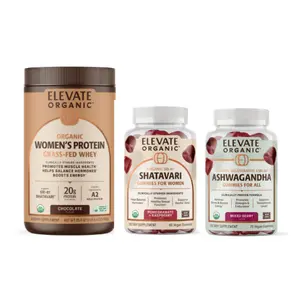 Elevate Organic Women’s Calm, Balance & Strength Bundle | Ashwagandha + Shatavari Gummies & Whey Protein (25+30+18 Servings) Bundle