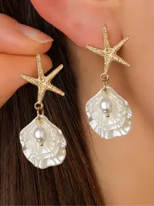 Starfish & Faux Pearl Ocean Vibes Dangles Earrings, Boho Style Jewelry for Women, Fashion Jewelry for Party, Daily Clothing Decor, Trendy All-match & Exquisite Jewelry for Gift