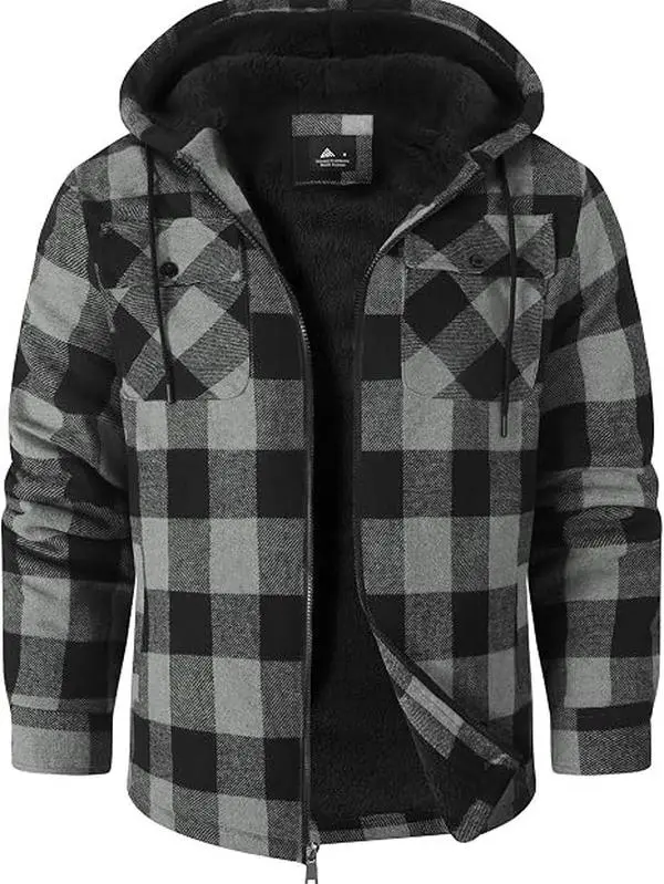 ZITY Mens Flannel Hooded Jacket Fleece Sherpa Lined Plaid Zip Up Sweatshirt Warm Fall Winter Shirts Jackets Coat, Thick Outwear with 4 Pockets, Outdoor, Hiking, Camping, Work, Streetwear, Daily Casual