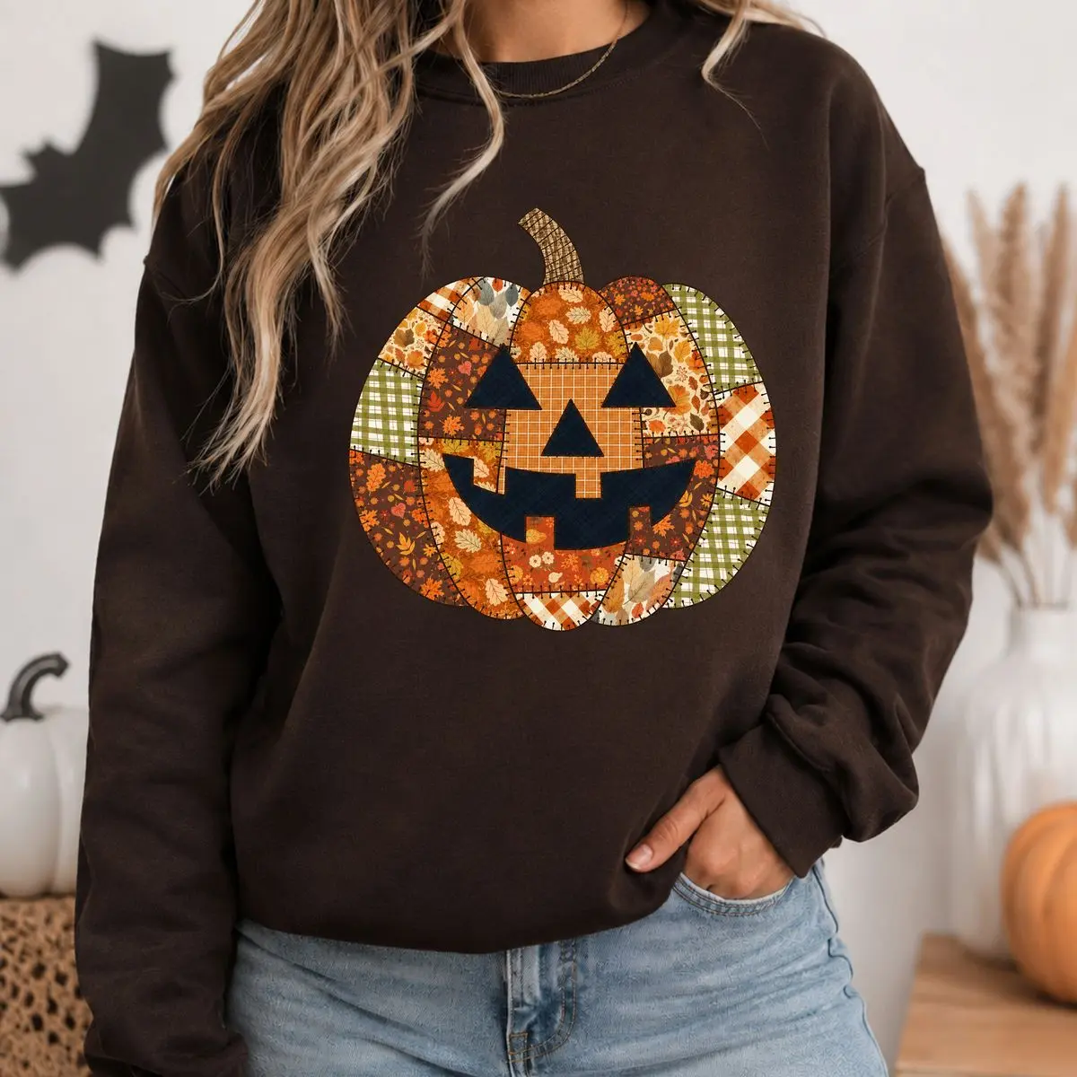 Printed Faux Patchwork Pumpkin Sweatshirt for Women, Womenswear Tops, Cotton Crewneck Pullover, Retro Spooky Season Halloween Fall Sweatshirt