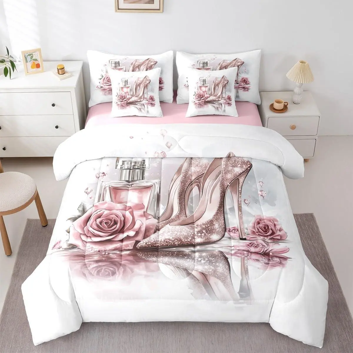 Fashion Luxury Bed in A Bag Pink Glitter High Heels Comforter Set with Sheets Rose and Perfume Makeup Themed 7 Pcs Bedding Set Women,Trendy Aesthetic Bed Set