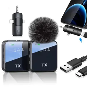 Professional wireless microphone designed for content creators with a three in one mini model for long-distance transmission, long battery life, wide compatibility with video recording, Vlog live streaming, and shooting