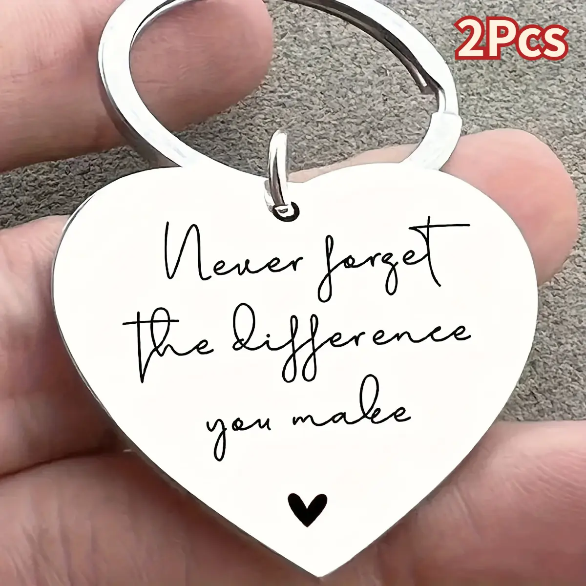 2Pcs Stainless Steel Heart-Shaped Keychains - Heart Detail, Engraving, Fashion, Personalized Charm Keychains with "Never Forget The Difference You Make" Message, Empowering Purse Handbag Accessory, Inspirational Gift, Heart Detail Keychains