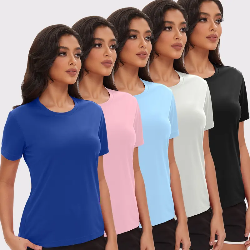 Noeallyrisss Women's 5-Pack Slim-Fitting Crew Neck Short-Sleeve Workout T Shirts - Machine Washable Fast-Dry Polyester Fabric, Breathable, Lightweight Solid Female Gym Base Layers for Summer Sports, Outdoor Activities