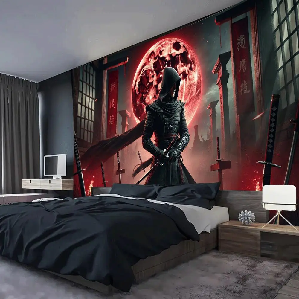 1pc Large Horizontal Tapestry - Dark Fantasy Ninja Wallpaper with Red Moon & Japanese Architecture - for Living Room, Bedroom, Game Room, Party Decor - No Electricity Needed - Perfect Gift for Anime/Manga/Gamer Decor, Anime Room Decor, Gamer Room Decorati
