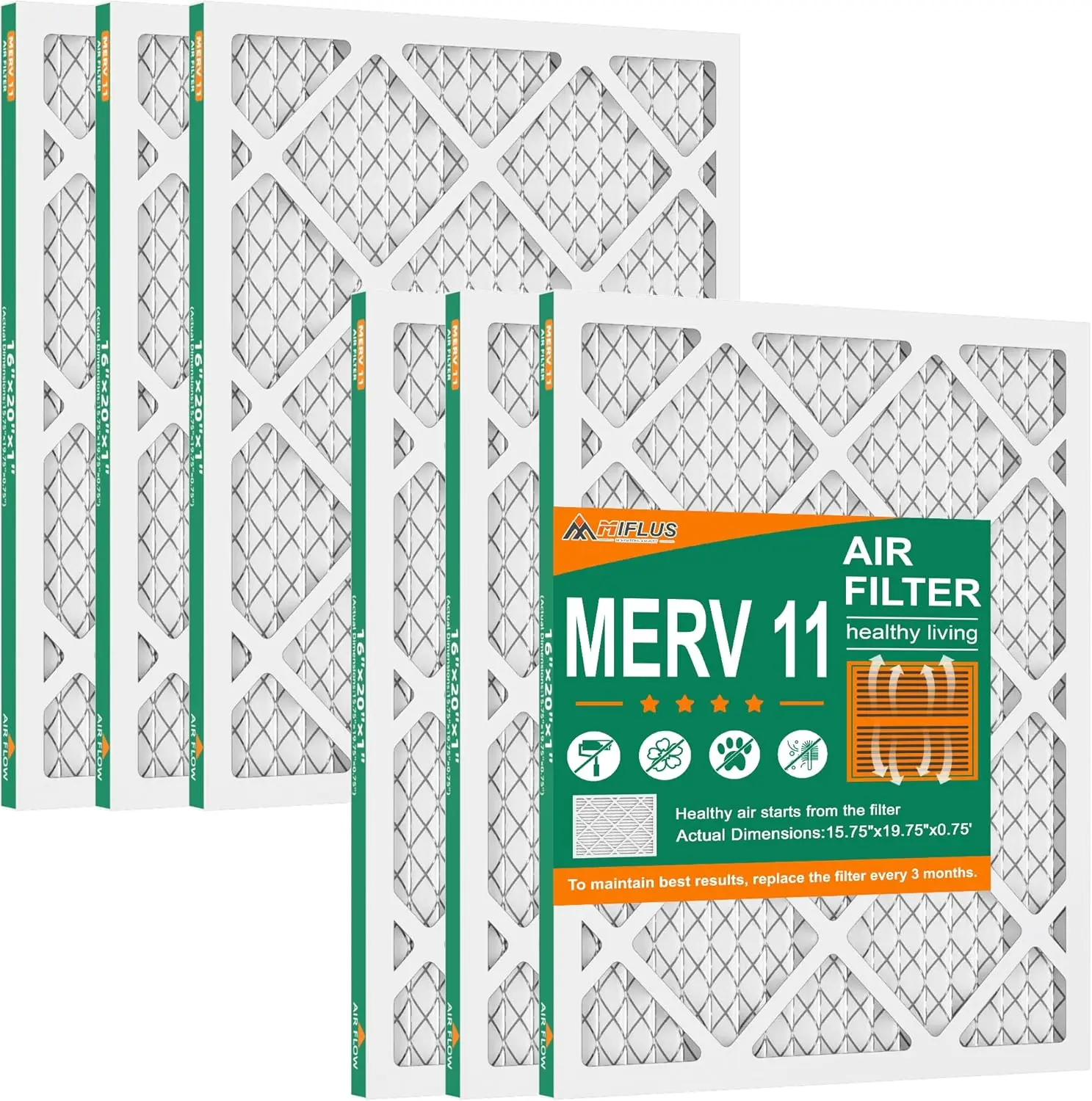 MIFLUS MERV 11 16x20x1 in Durable Air Filter, 6-Pack Eco-Friendly HVAC Filter, Captures Allergens, 2x Deep Pleats, Tool-Free Installation, Optimizes HVAC Performance