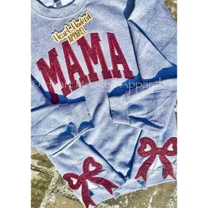 Custom Mama Glitter Embroidered side bow custom sweatshirt Pullover, Trendy Coquette Bow