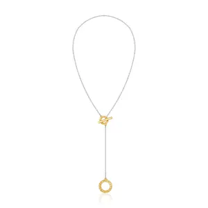 Aprilery Long Drop Necklace for Women, Geometric Circle Pendant with T Bar Toggle Design, Slim Chain with Elegant Vertical Dangle, Minimalist Statement Jewelry for Daily Wear, Office Outfits and Layered Styling