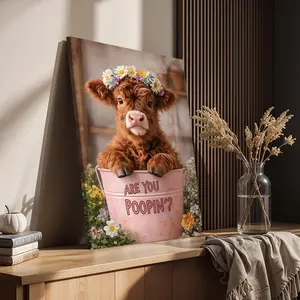 Whimsical Highland Cow Bathroom Canvas Art (Wood-Framed) — A Playful Highland Cow Reading the Newspaper | Laundry Room Art | Humorous Farm Animal Decor | Rustic-Style Bathroom Decoration | Ideal for Hallway Walls and Home Decor Print