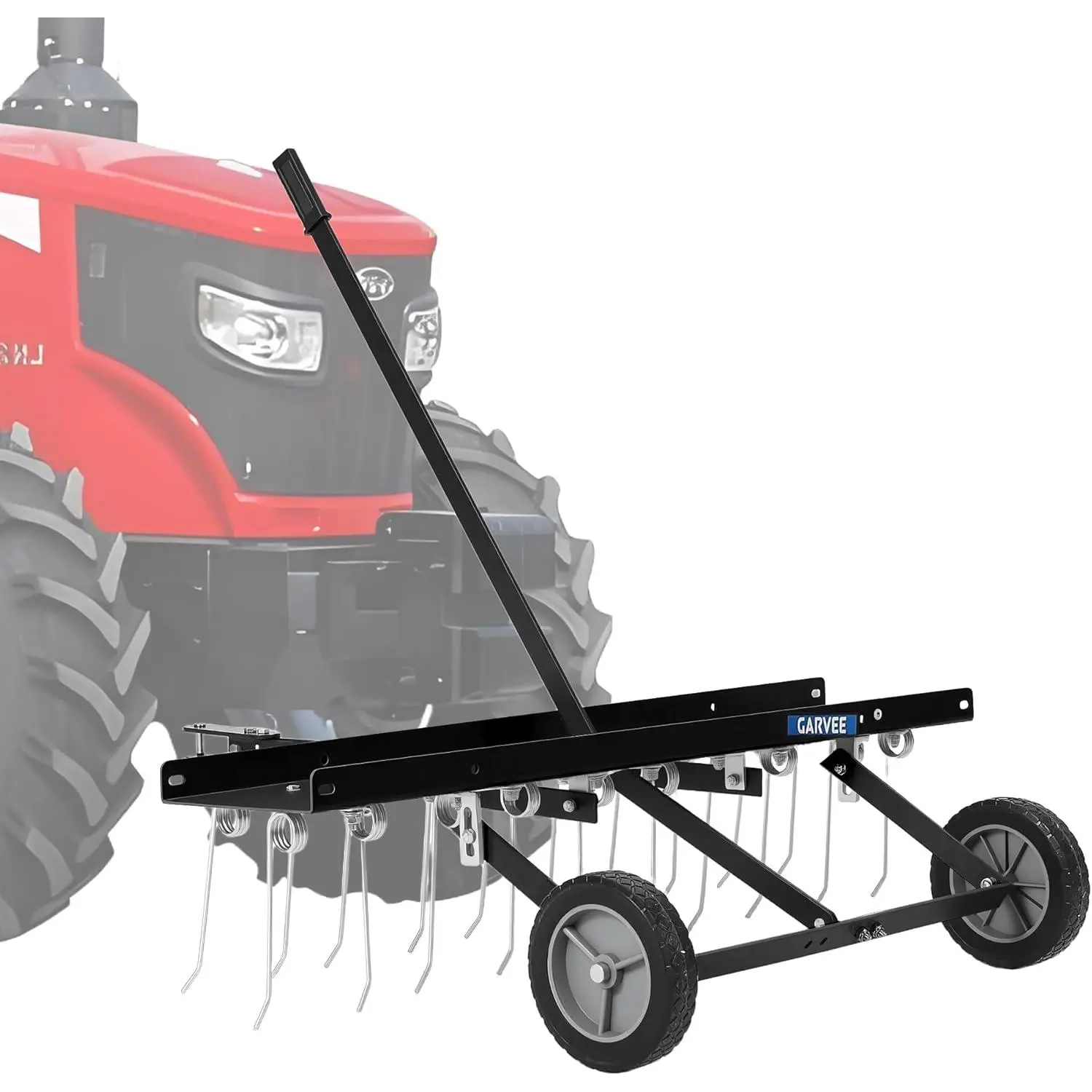 48-In Tow-Behind Lawn Rake Dethatcher, 24 Spring Steel Tines, ATV-Compatible Design, Lift Handle, Included Gloves for Garden & Farm Grass Maintenance, Black