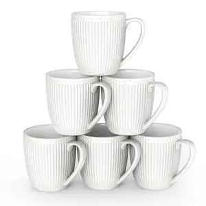 2024 Coffee Mugs Set of 6, 16 Oz White Coffee Mugs, Porcelain Mugs, Large and Easy to Grip Mug Sets, Embossed Coffee Cup Set for Coffee, White